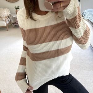 Lovers and Friends Open Back Striped Sweater White Brown Sz XS